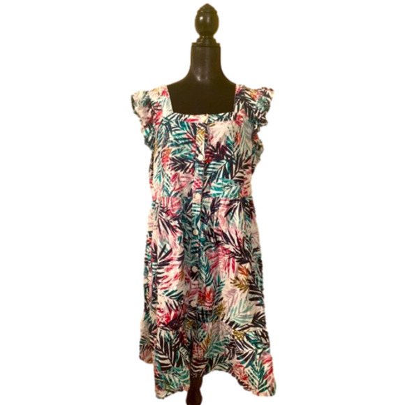 NWOT BeachLunchLounge Button Up Tiered Ruffle Tropical cotton Linen Dress Sz L - Picture 1 of 6